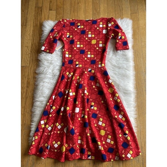 LuLaRoe Size XS Red Blue Yellow Print Nicole Dress Unicorn Rare NWT Bin S - Picture 3 of 9